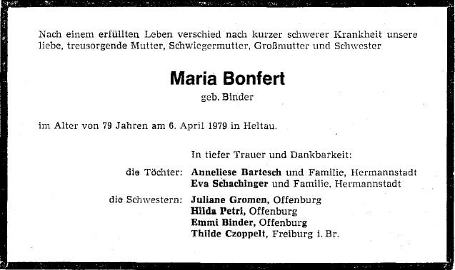 Binder Maria 1900-1979 Todesanzeige